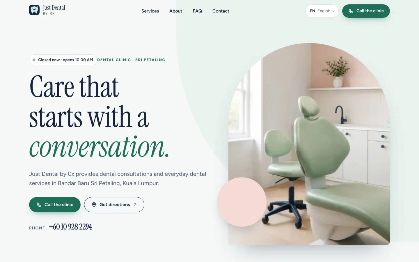 Homepage of the Just Dental by 0x website