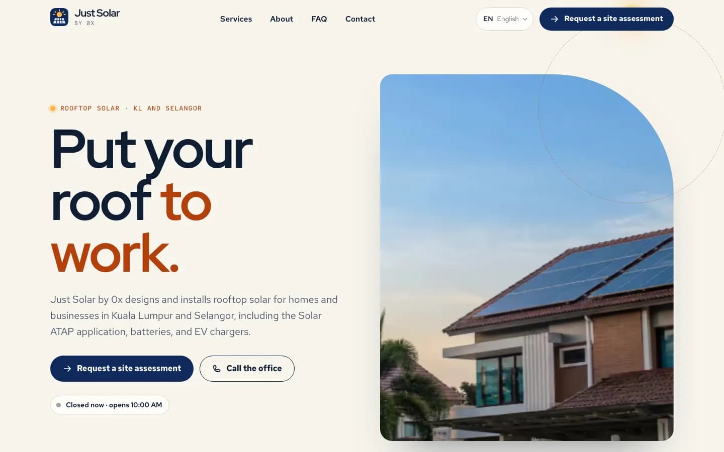 Homepage of the Just Solar by 0x website
