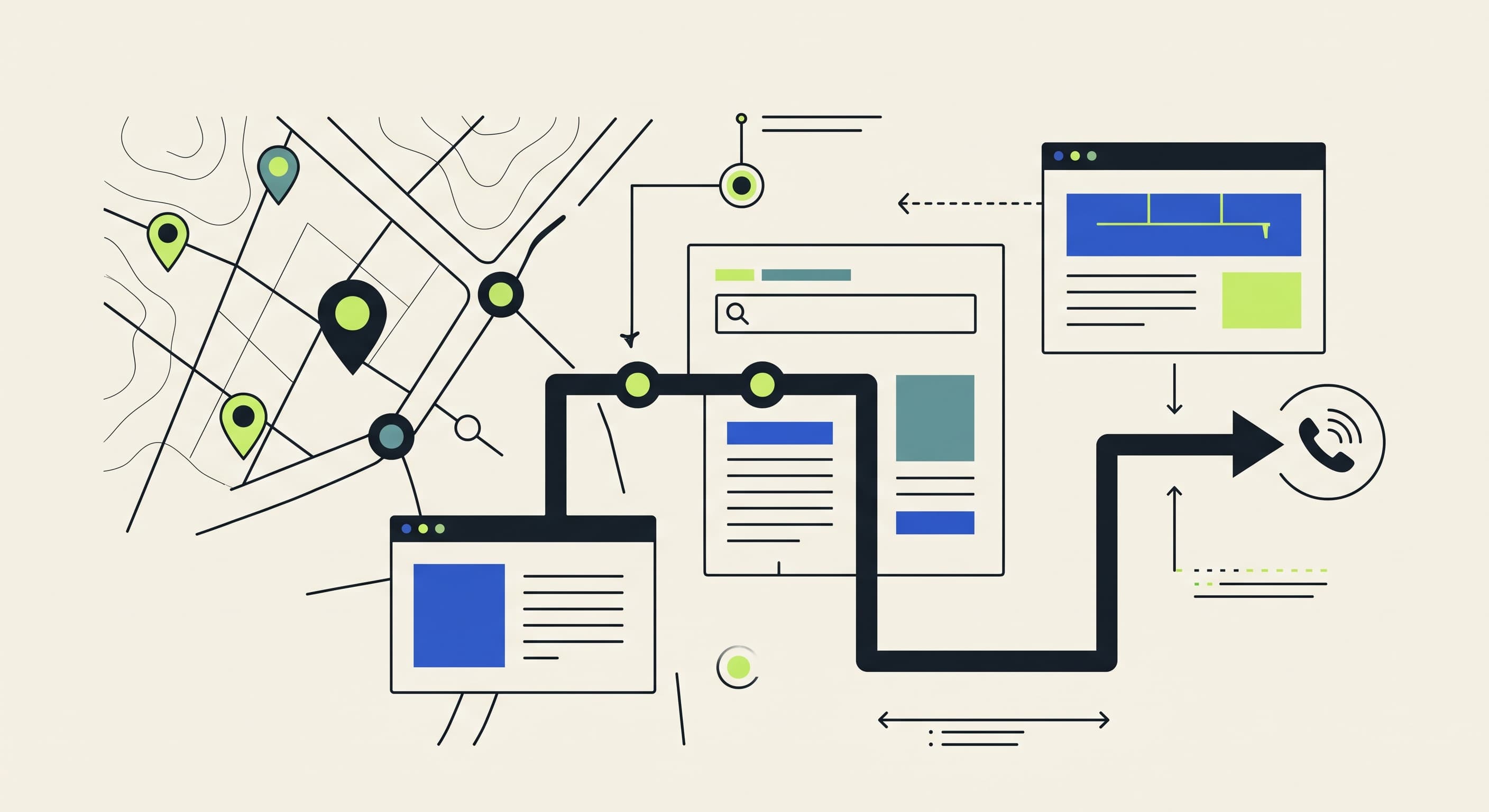 Illustrated pathway from local search and maps to a customer enquiry.