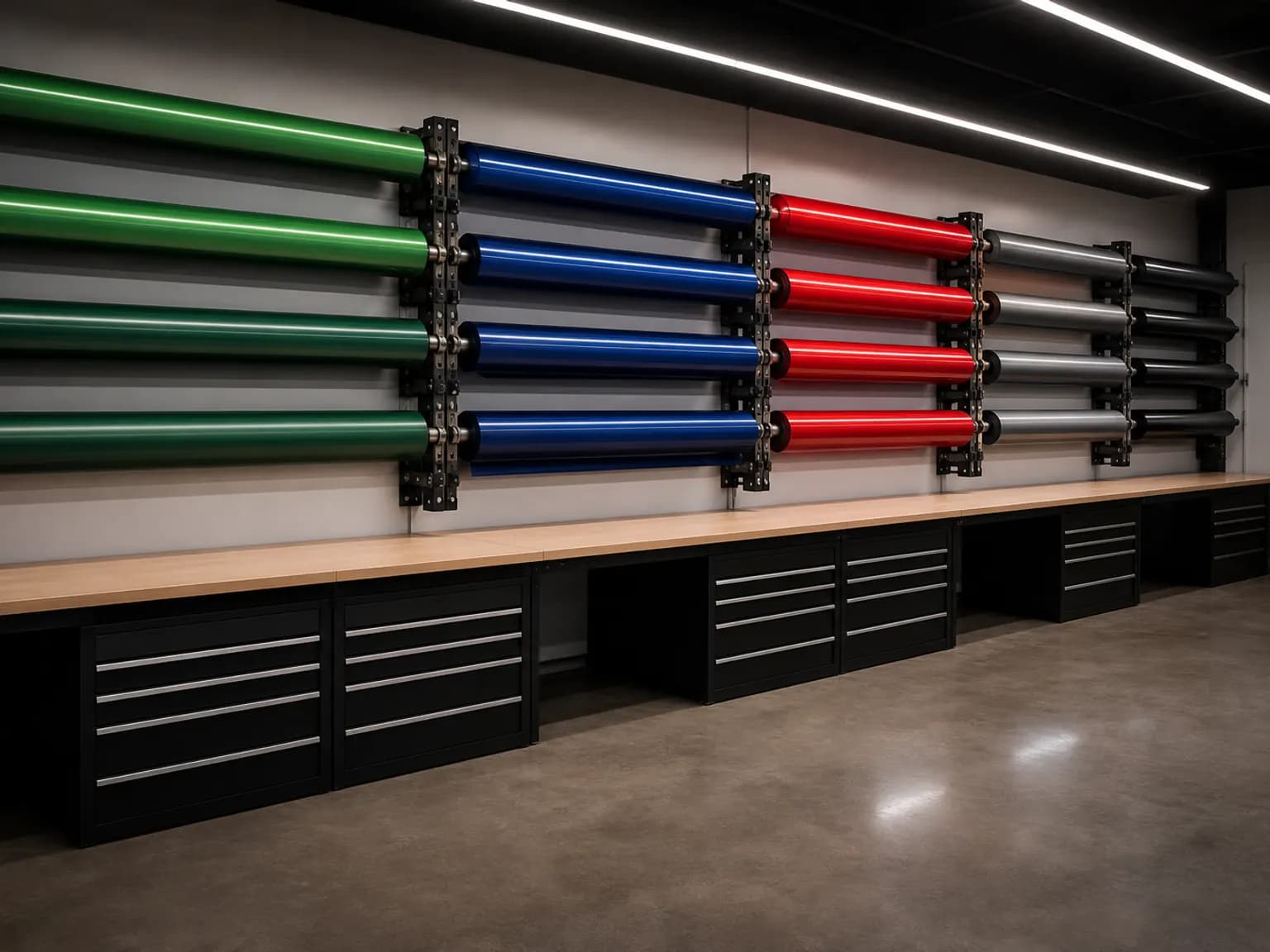 Tidy wrap studio with vinyl rolls in green, blue, red, and grey on wall racks above a clean concrete floor.