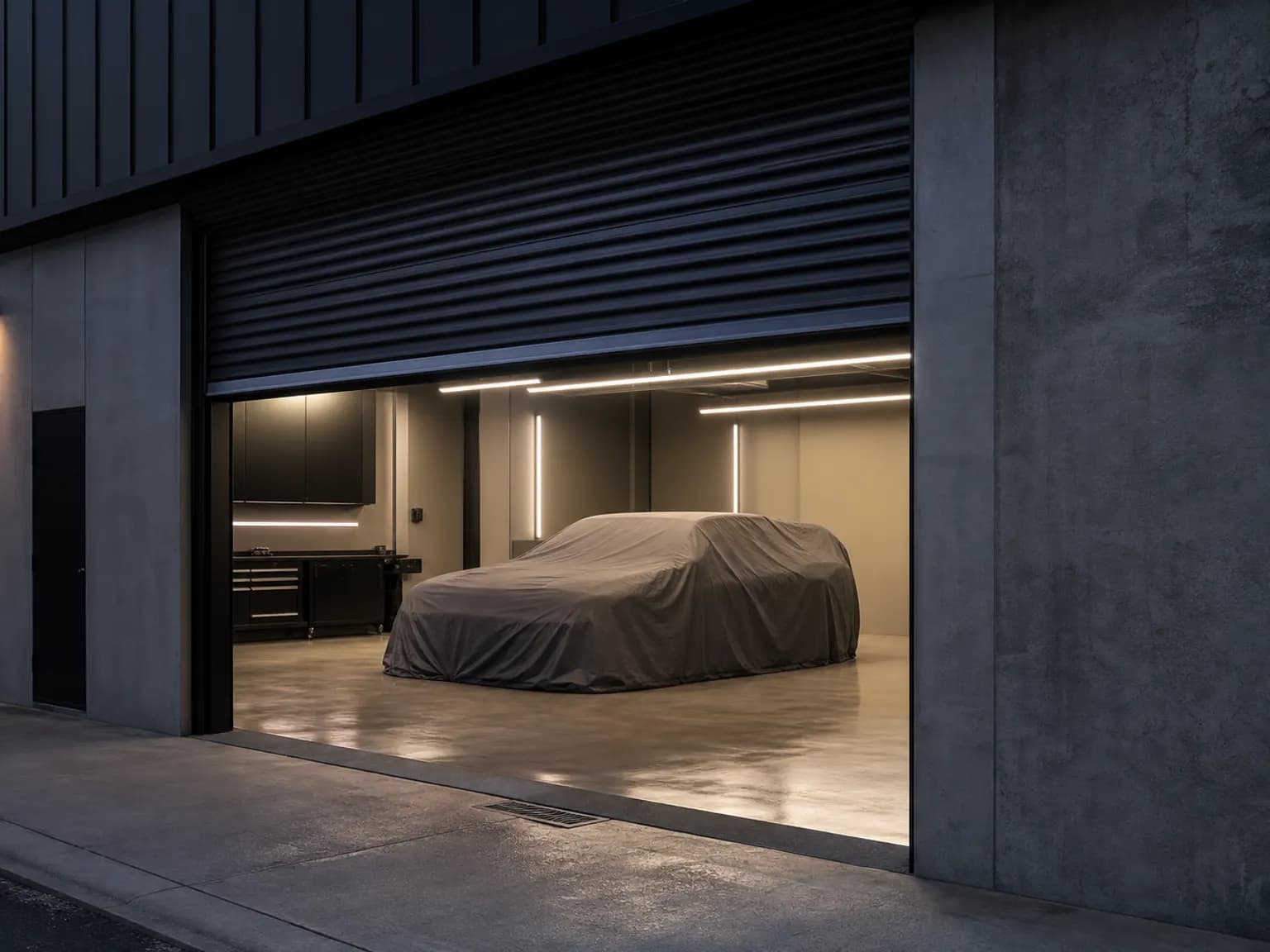 Studio entrance with a roller door half open and a covered car inside under soft light.