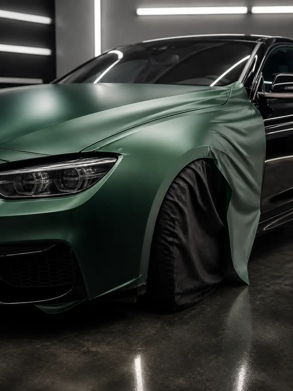 Unbadged coupe half-wrapped in satin deep green vinyl inside a concrete studio under long strip lights.