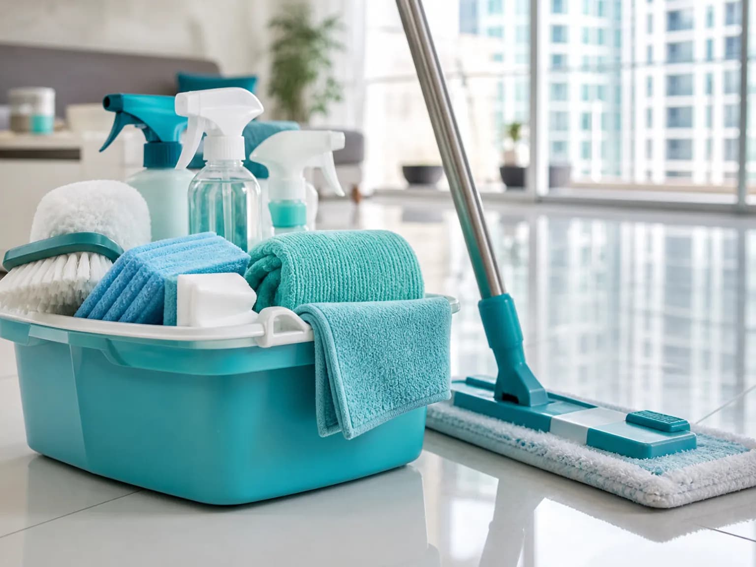 Cleaning caddy with spray bottles, microfibre cloths, and a mop on a bright tiled floor.