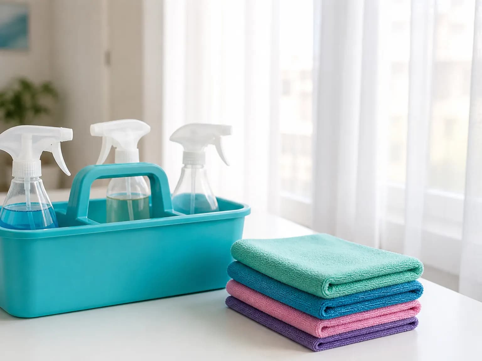 Aqua cleaning caddy and folded microfibre cloths on a white table by a window.