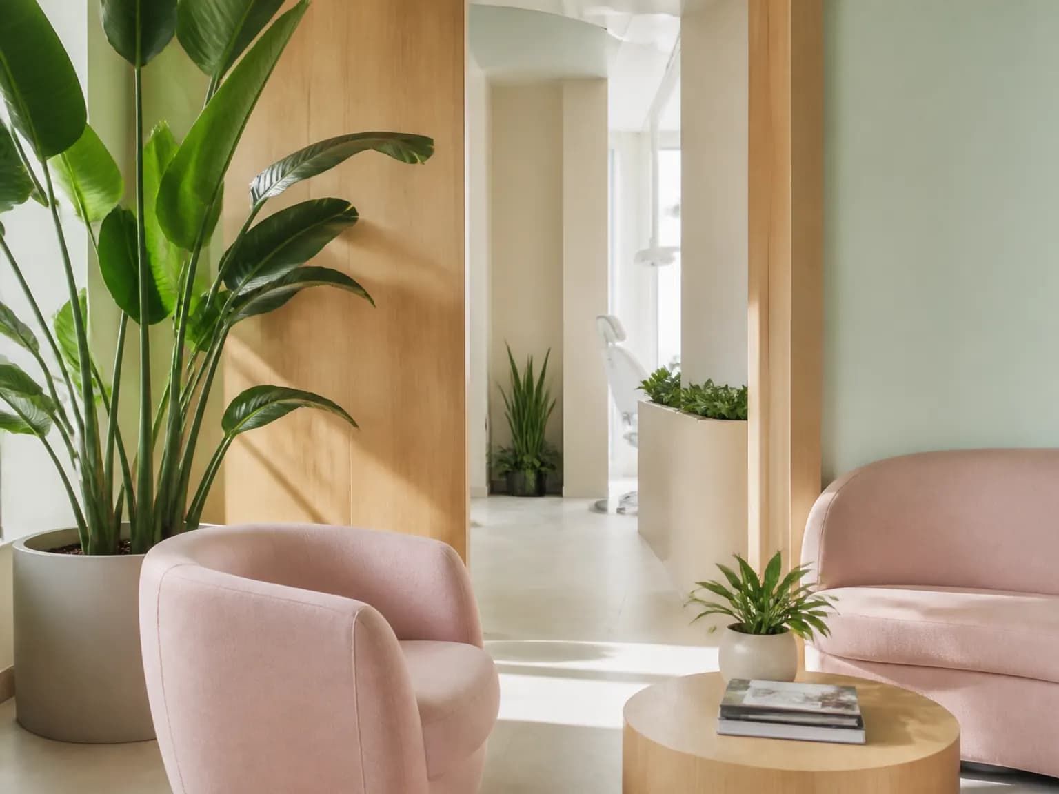 Calm dental clinic waiting area with rounded pale pink seating, light oak panels, and indoor plants.