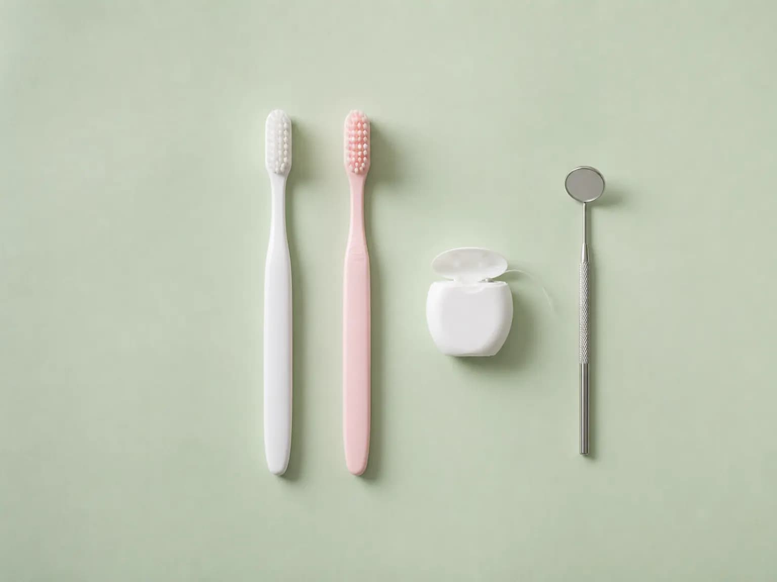 Dental hygiene objects arranged on a pale mint surface: toothbrushes, floss, and a small mirror.