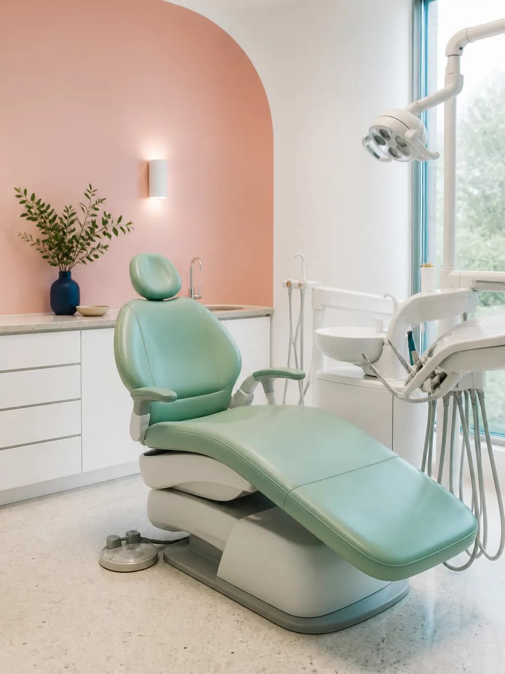 Bright dental treatment room with a mint-green dental chair, rounded white cabinetry, and soft daylight through a tall window.
