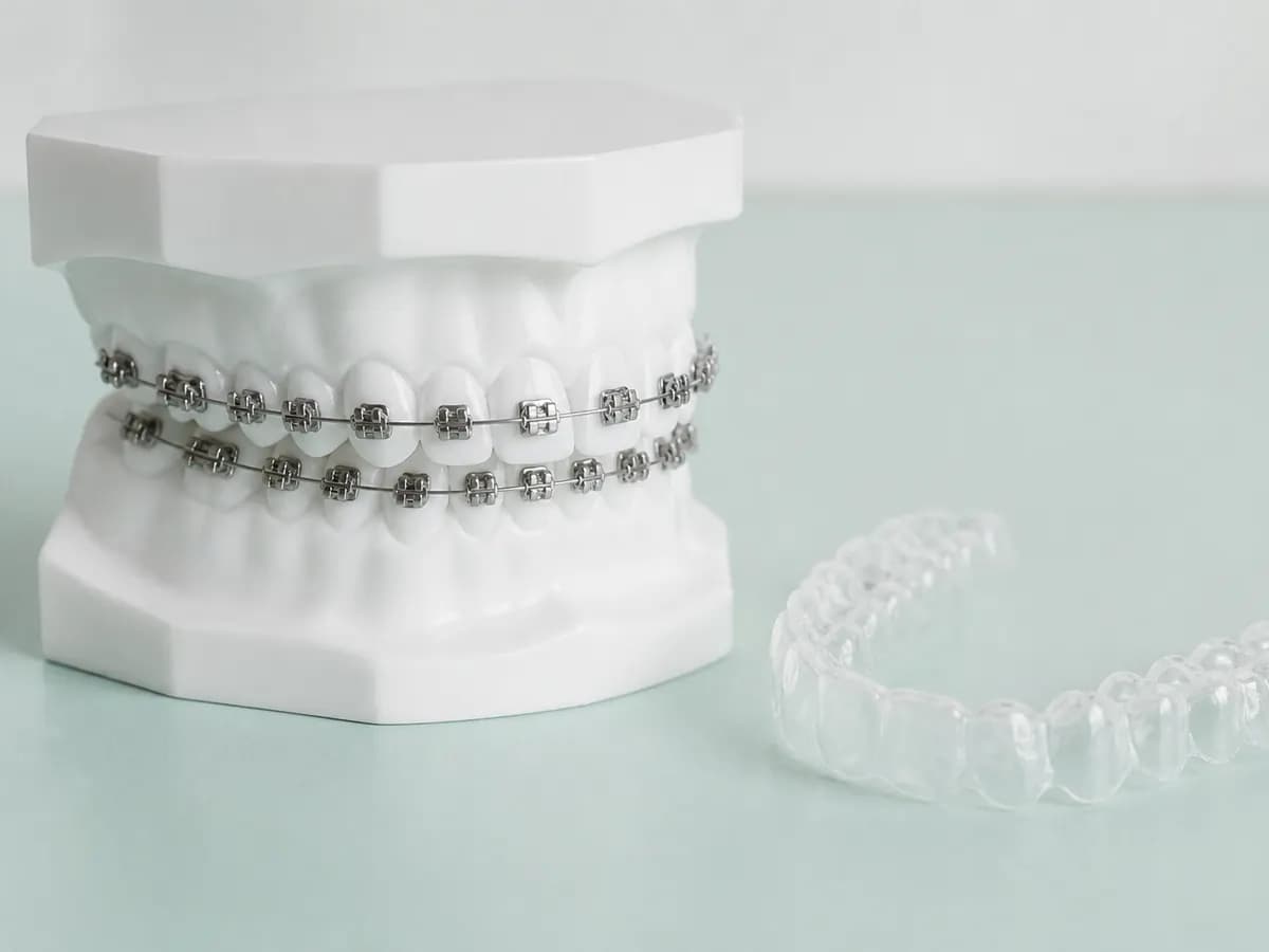 Dental model with metal brackets and a clear aligner beside it.