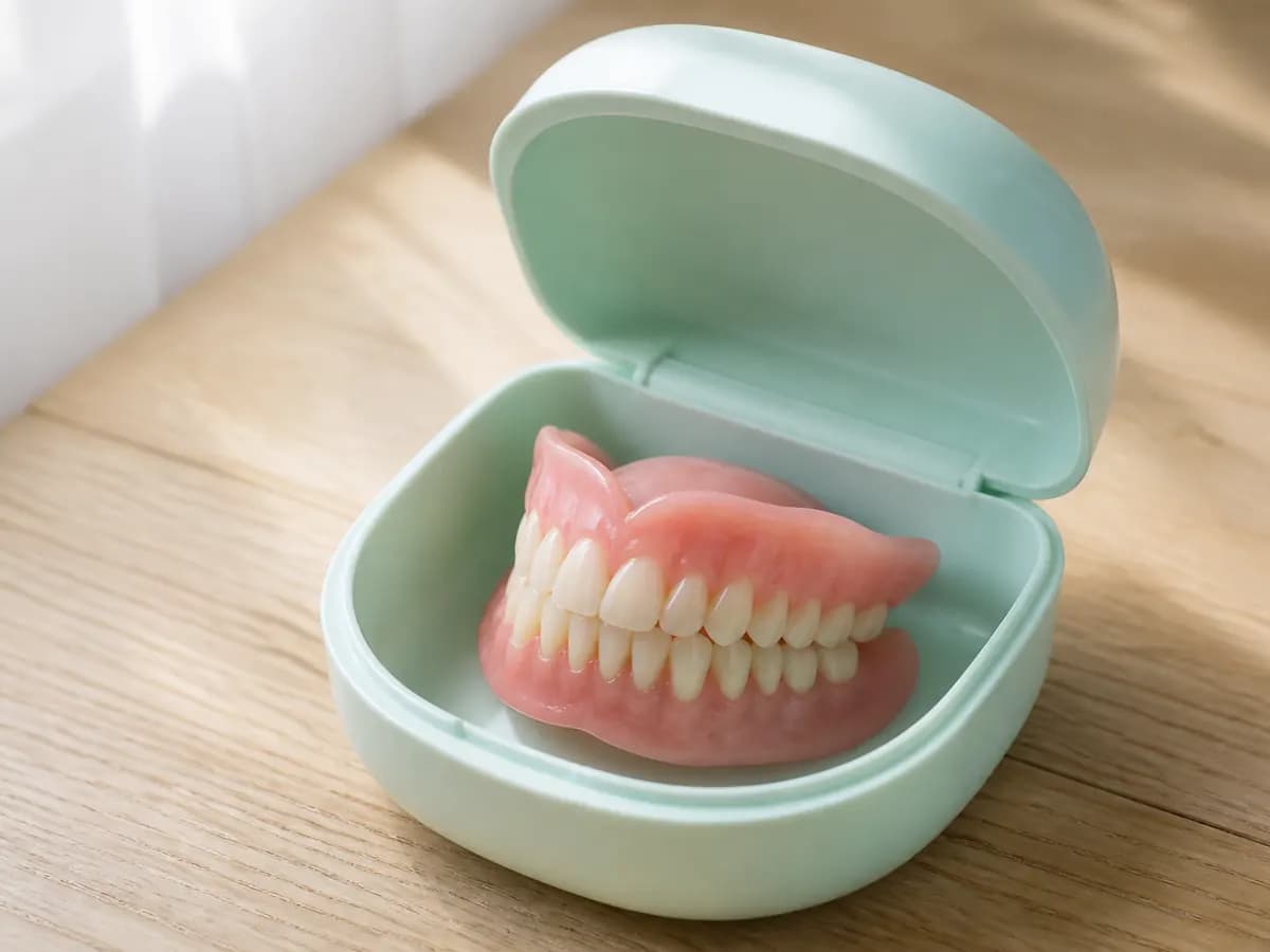 Denture set resting in an open case on a light wooden surface.