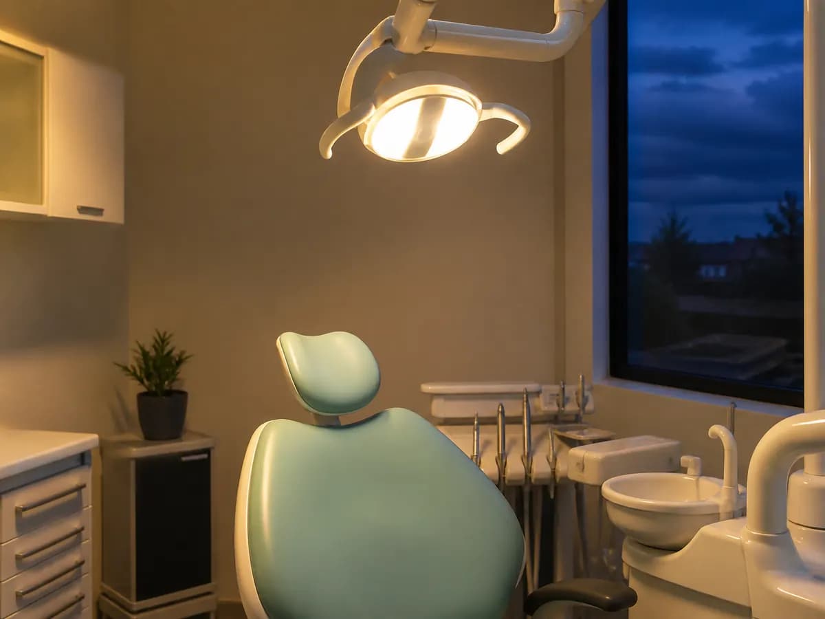 Dental treatment light switched on over an empty chair in the evening.