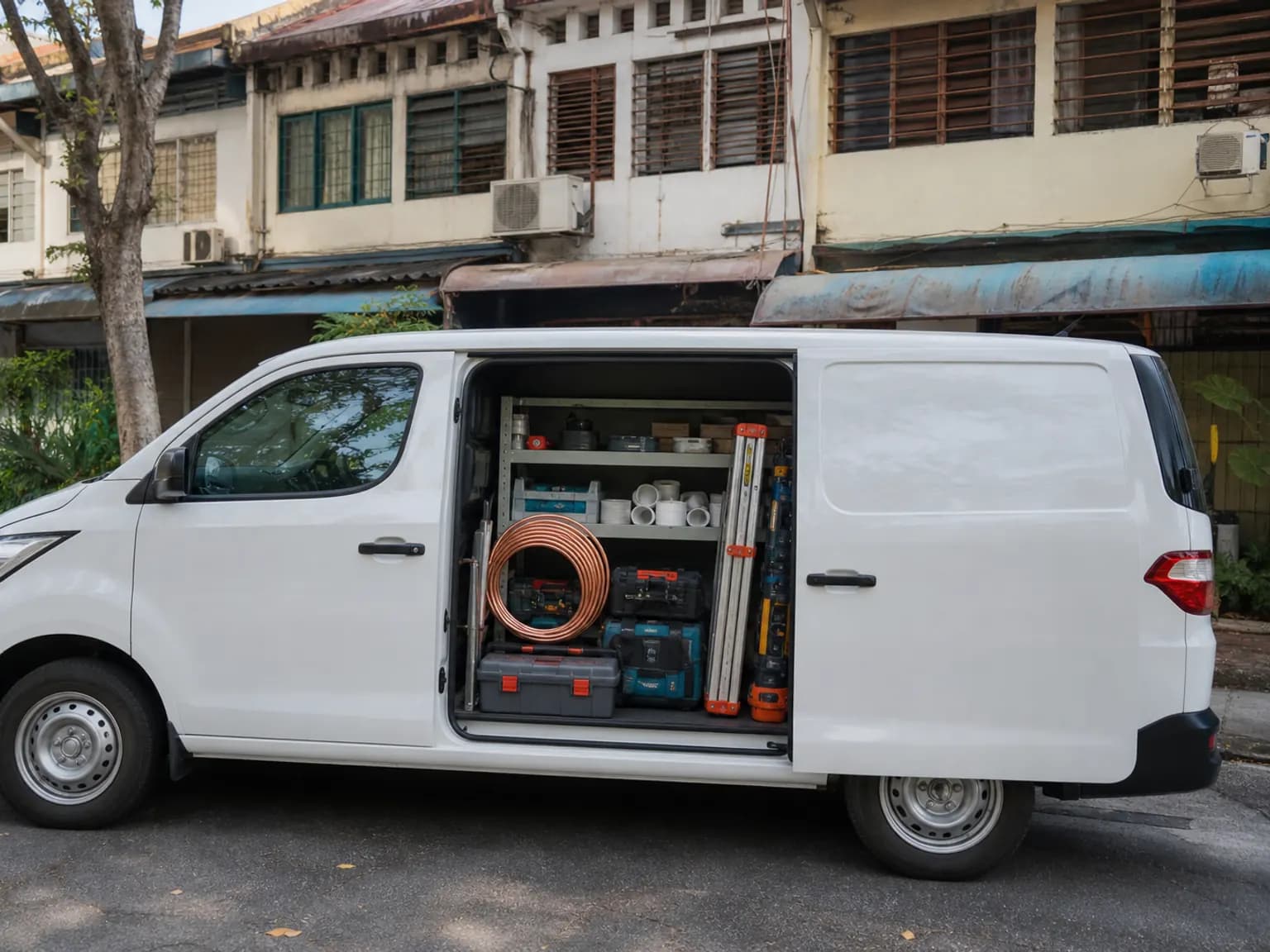 Service van with its side door open, showing organised toolboxes, copper pipe, and aircon parts, parked by a row of shophouses.