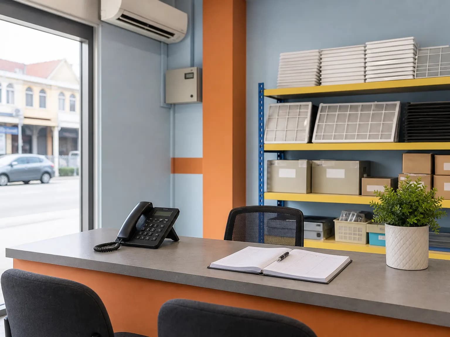 Service office counter with a phone, a booking notebook, and clean aircon filters on the shelf behind.