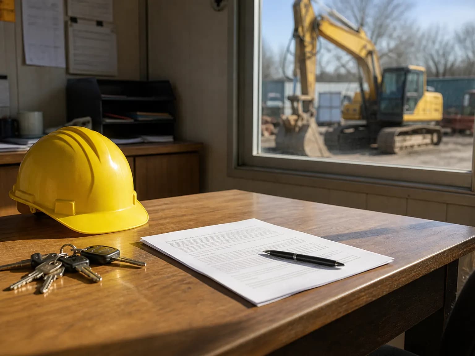 Site office desk with a hard hat, machine keys, and a rental agreement beside a window.