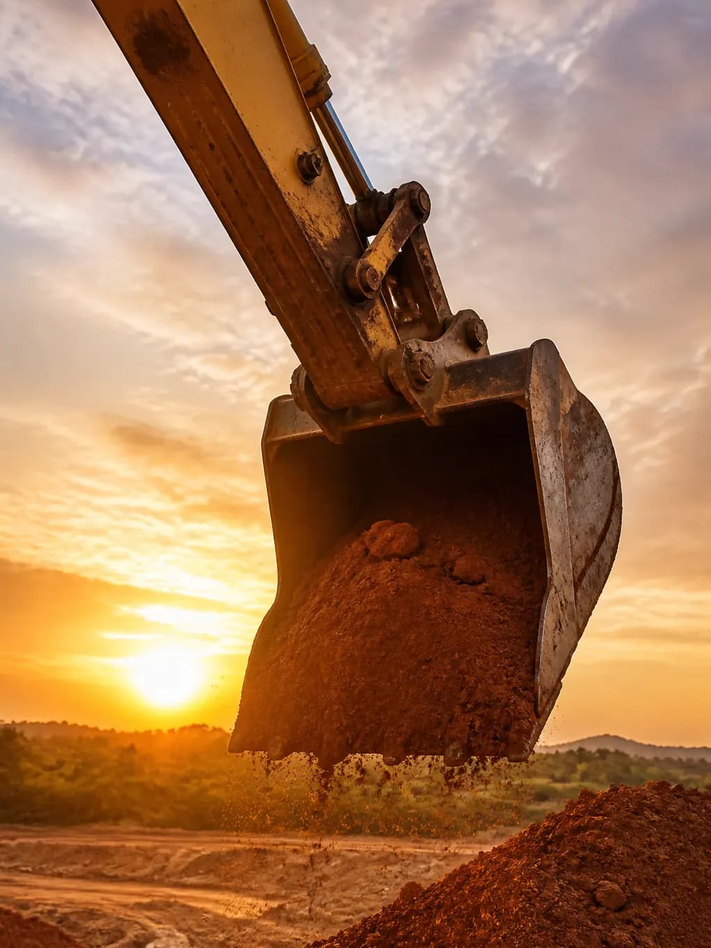 Yellow crawler excavator loading red laterite soil into a tipper lorry on a cleared earthworks site at sunrise.