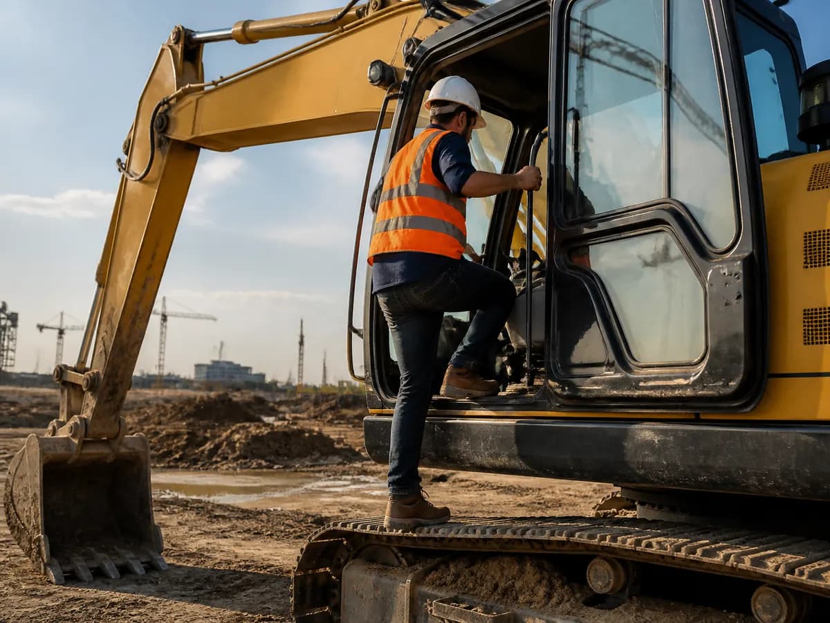 Operator in a hard hat and hi-vis vest climbing into an excavator cab.