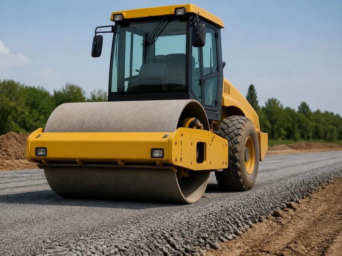 Single-drum road roller compacting a gravel base layer.
