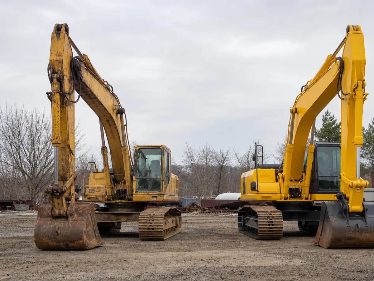 An older and a newer excavator parked side by side in a yard.