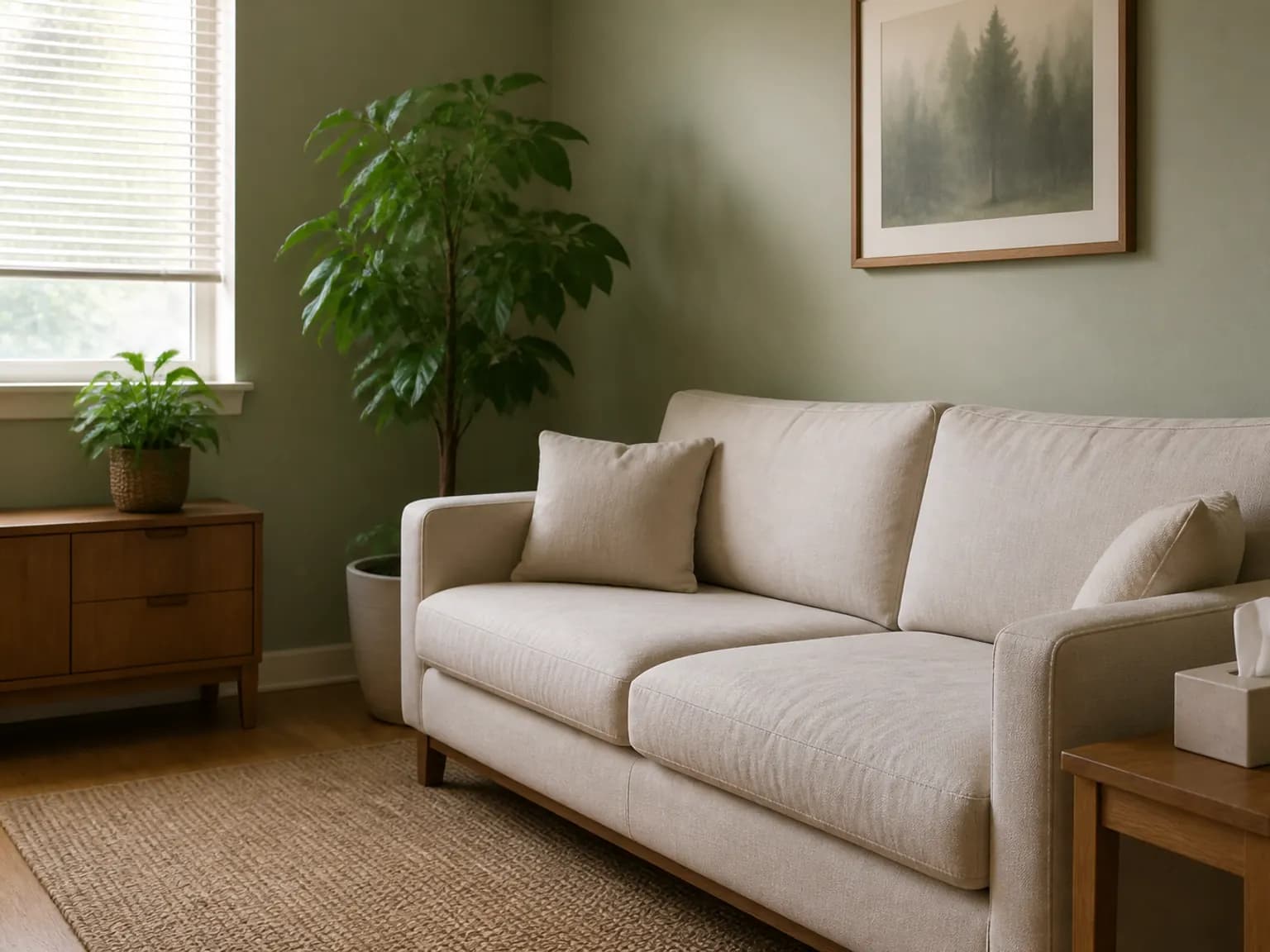 Calm reception room with a linen sofa, plants, and sage green walls.