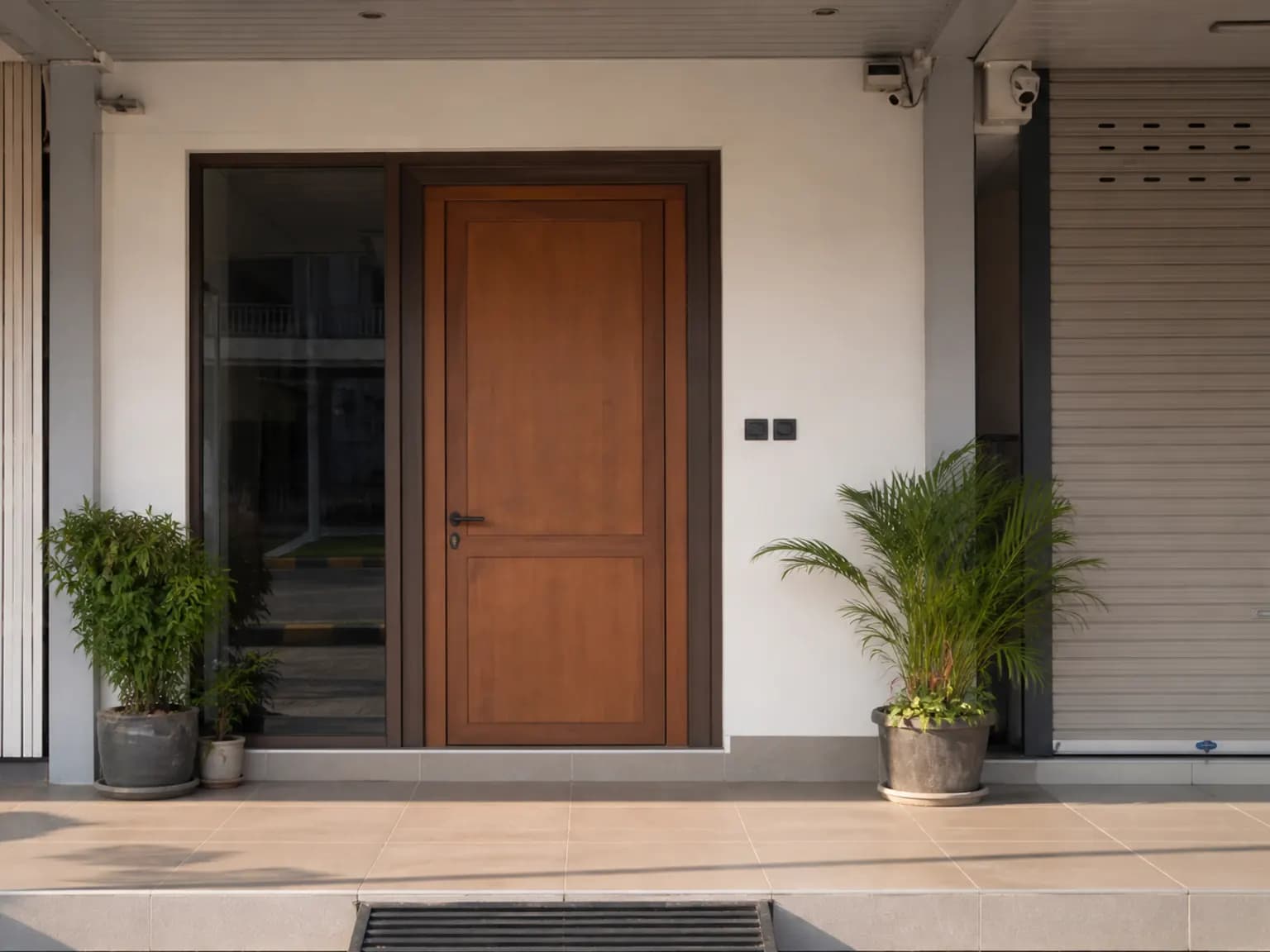Entrance of a quiet shop lot with a wooden door, potted plants, and soft light.