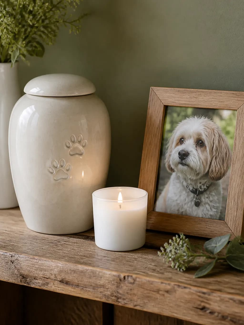 Quiet memorial room in soft daylight with a wooden bench, a framed photo of a dog, a candle, and a simple ceramic urn.