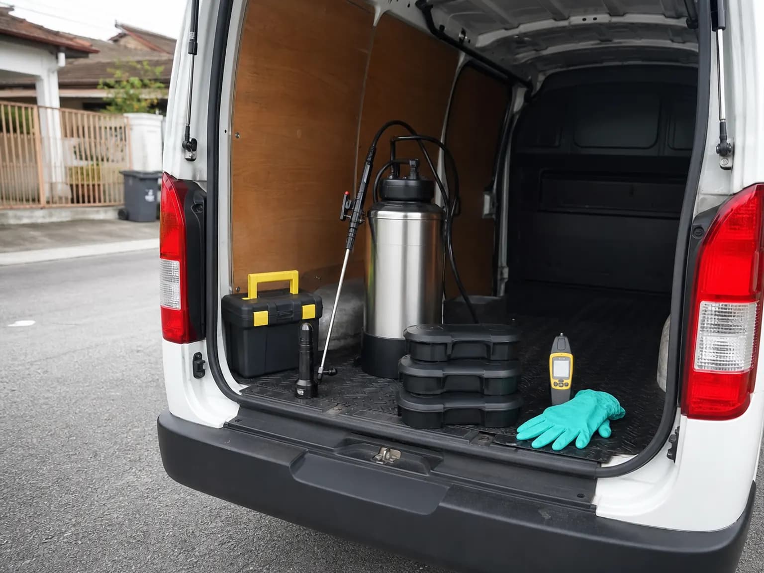 Pest control kit of sprayer, torch, bait stations, and moisture meter laid out beside a service van.
