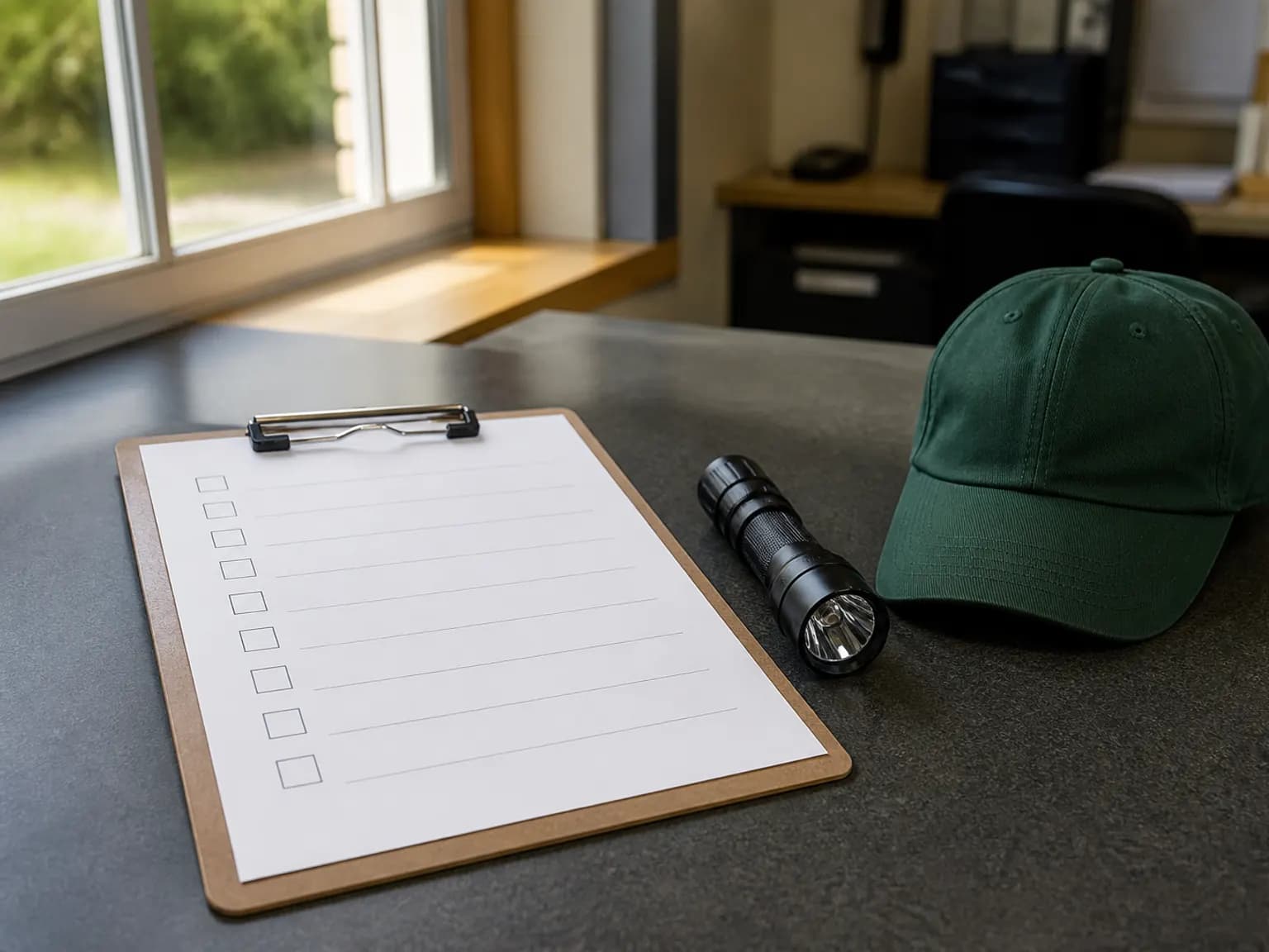 Service desk with an inspection clipboard, a torch, and a green cap.