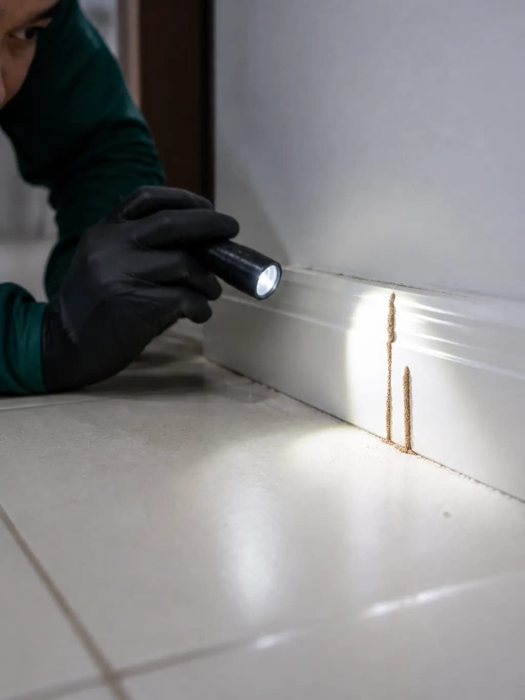 Pest control technician in a green uniform checking a wooden door frame for termites with a torch in a terrace house.