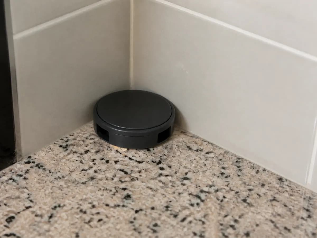 Ant bait station placed at the back of a kitchen counter.