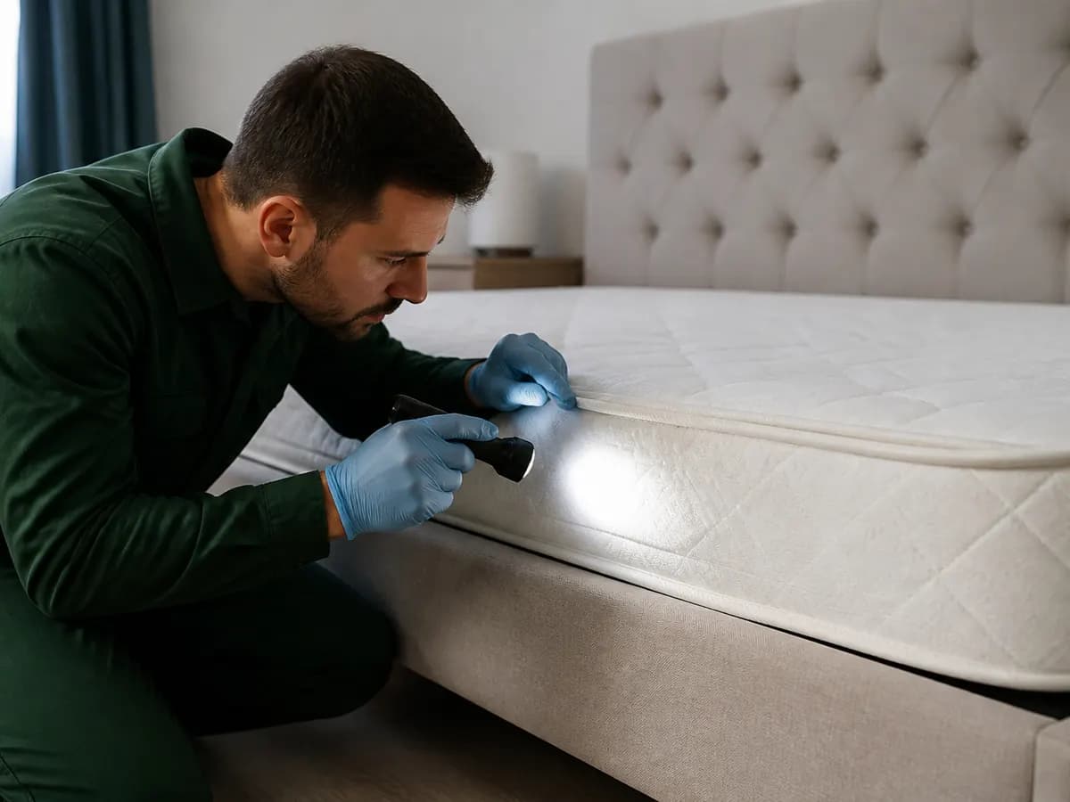 Technician inspecting the seams of a mattress with a torch.