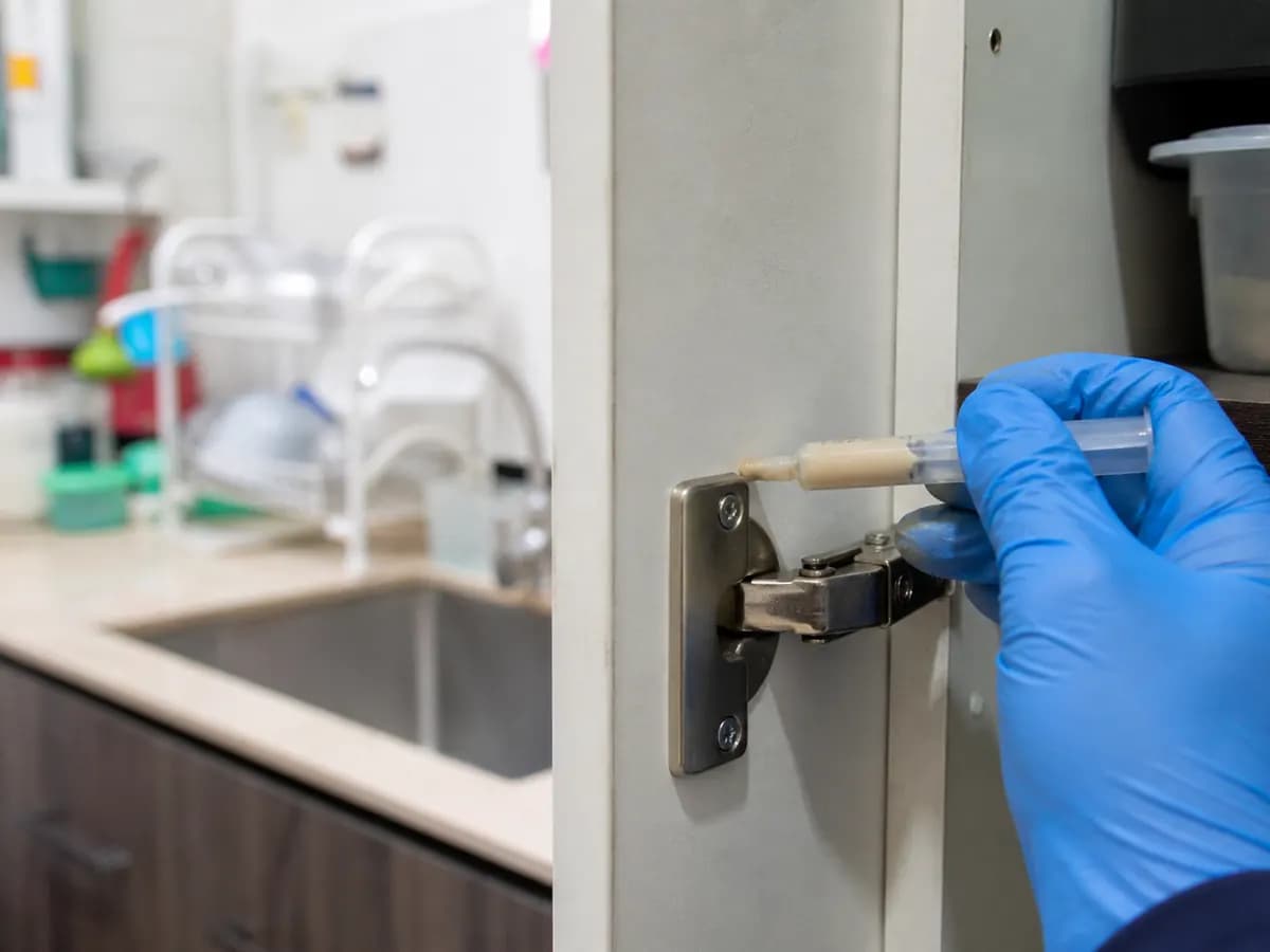 Technician applying gel bait along the hinge of a kitchen cabinet.