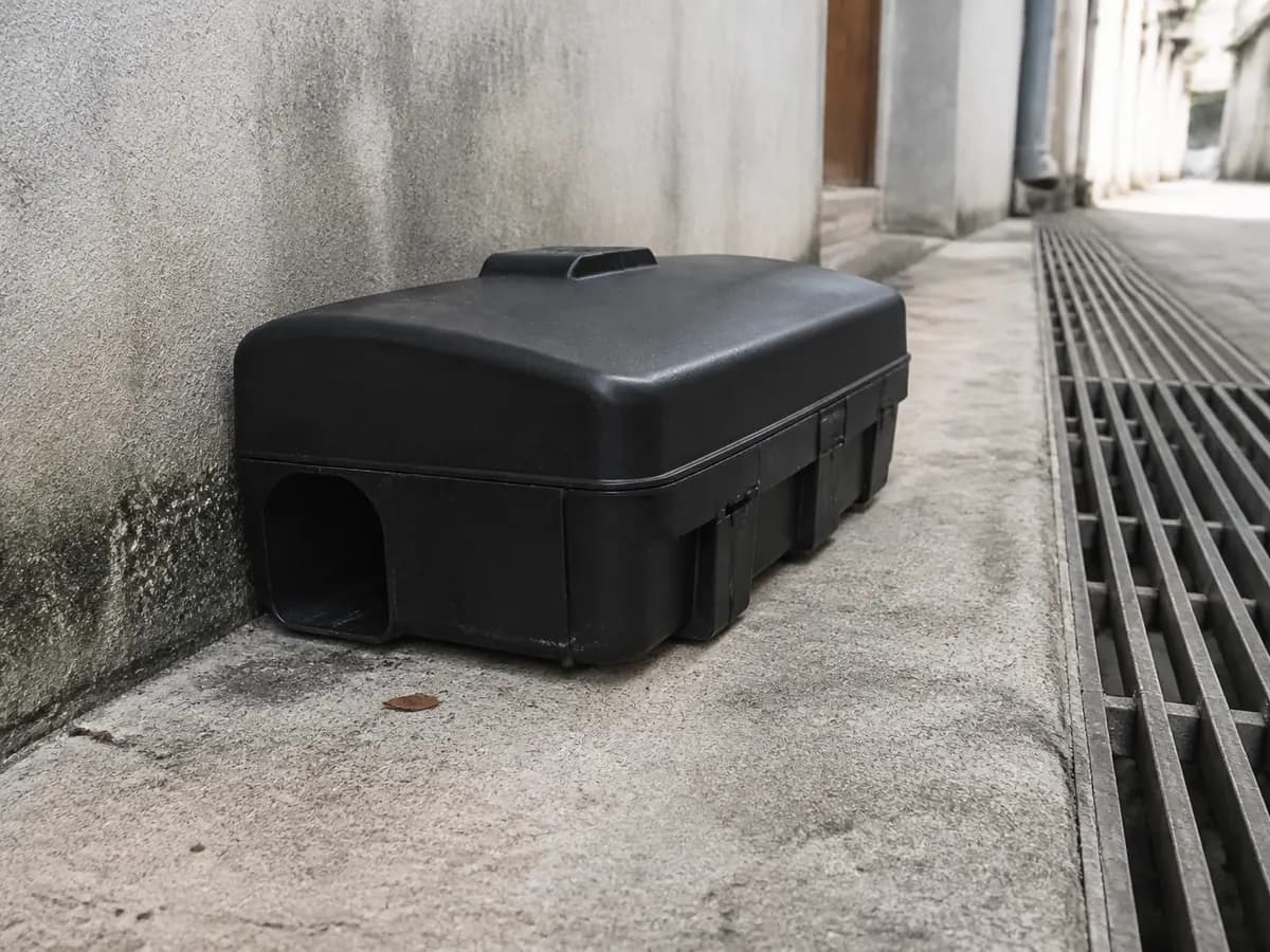 Black tamper-resistant rodent bait box placed along a back lane wall.
