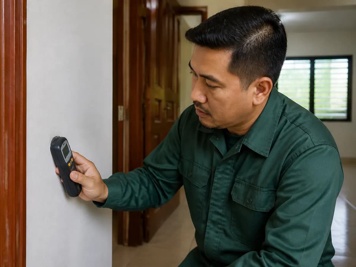 Technician pressing a moisture meter against a wall beside a timber door frame.