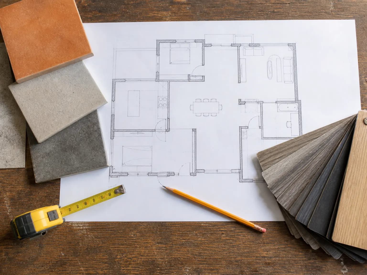 Site table with a floor plan, tile samples, and a measuring tape.