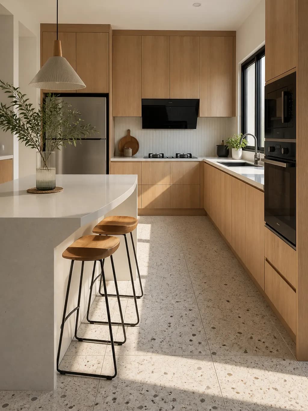 Renovated terrace house kitchen with terrazzo-look floor tiles, oak cabinets, and a quartz island in late afternoon light.