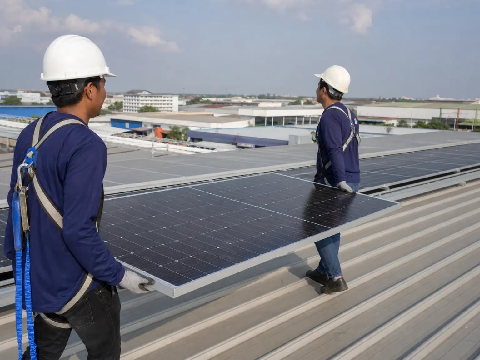 Two installers carrying a solar panel across a flat factory rooftop.