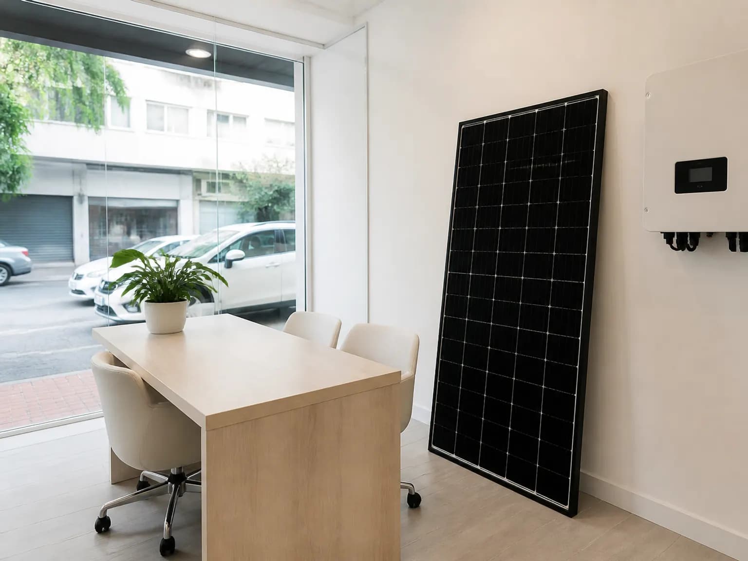 Shopfront office with a solar panel sample and an inverter mounted on the wall.