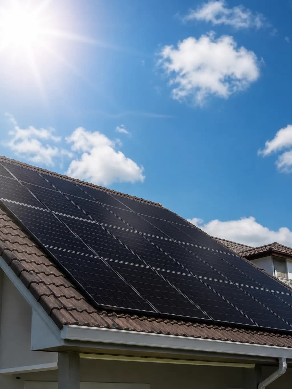 Terrace house roof in Kuala Lumpur fitted with rows of black solar panels under a clear morning sky.